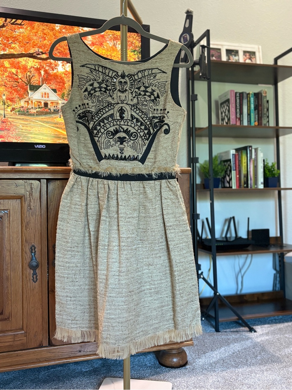 Bennal Saripour Sleeveless Round Neck Sheath Zip Fringe Lined Short Beige